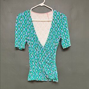 Boden Teal and Pink Short Sleeve Wrap Top